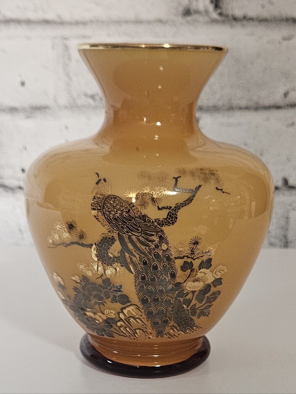 Vintage Japanese Peacock Floral Gold Trim Amber Glass Vase 7 Inch